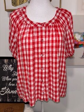 Jane and Delancey Red and White Gingham Button-Front Blouse